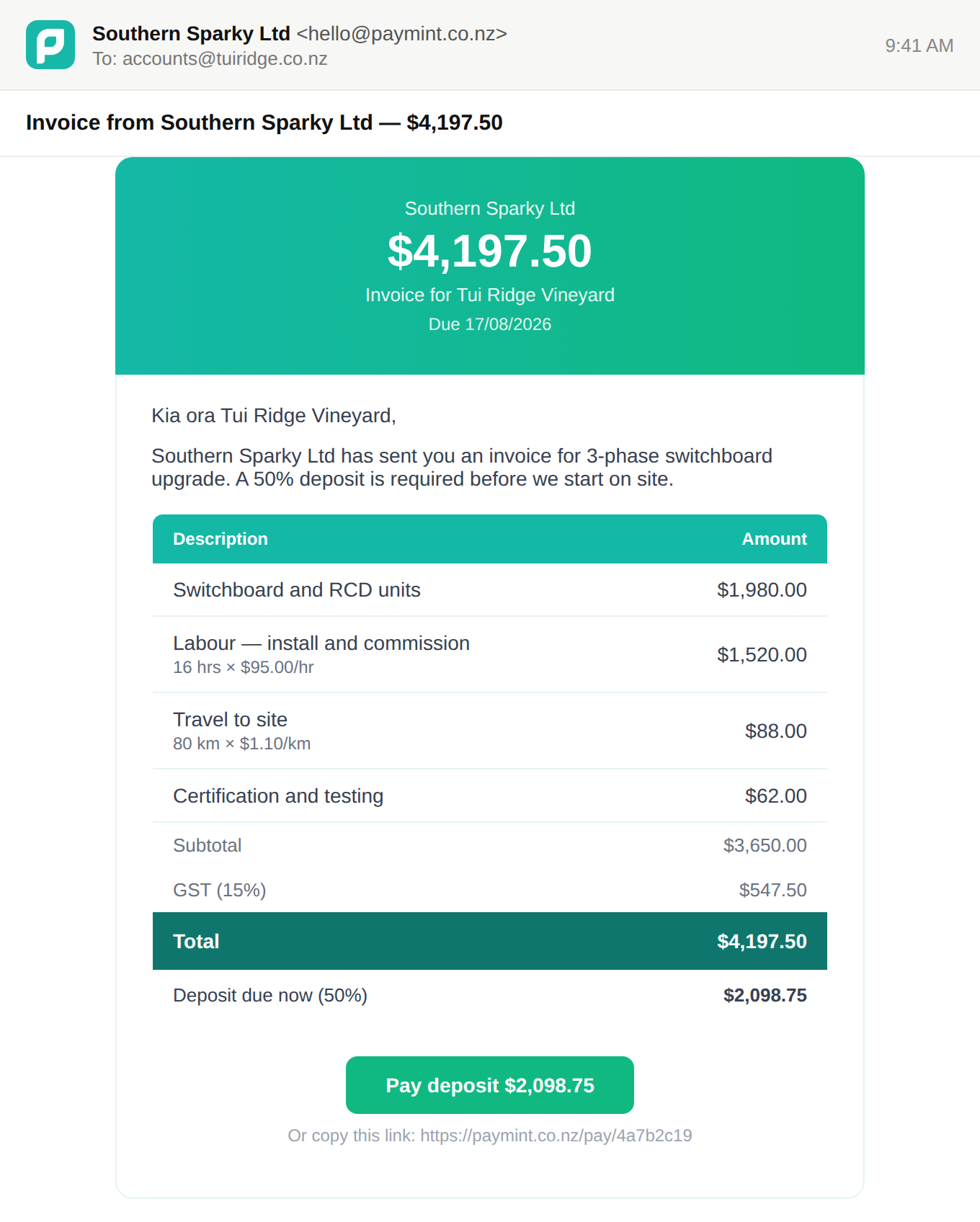 The invoice email as it arrives: the business name, the total, a line-item breakdown with GST, and a Pay now button
