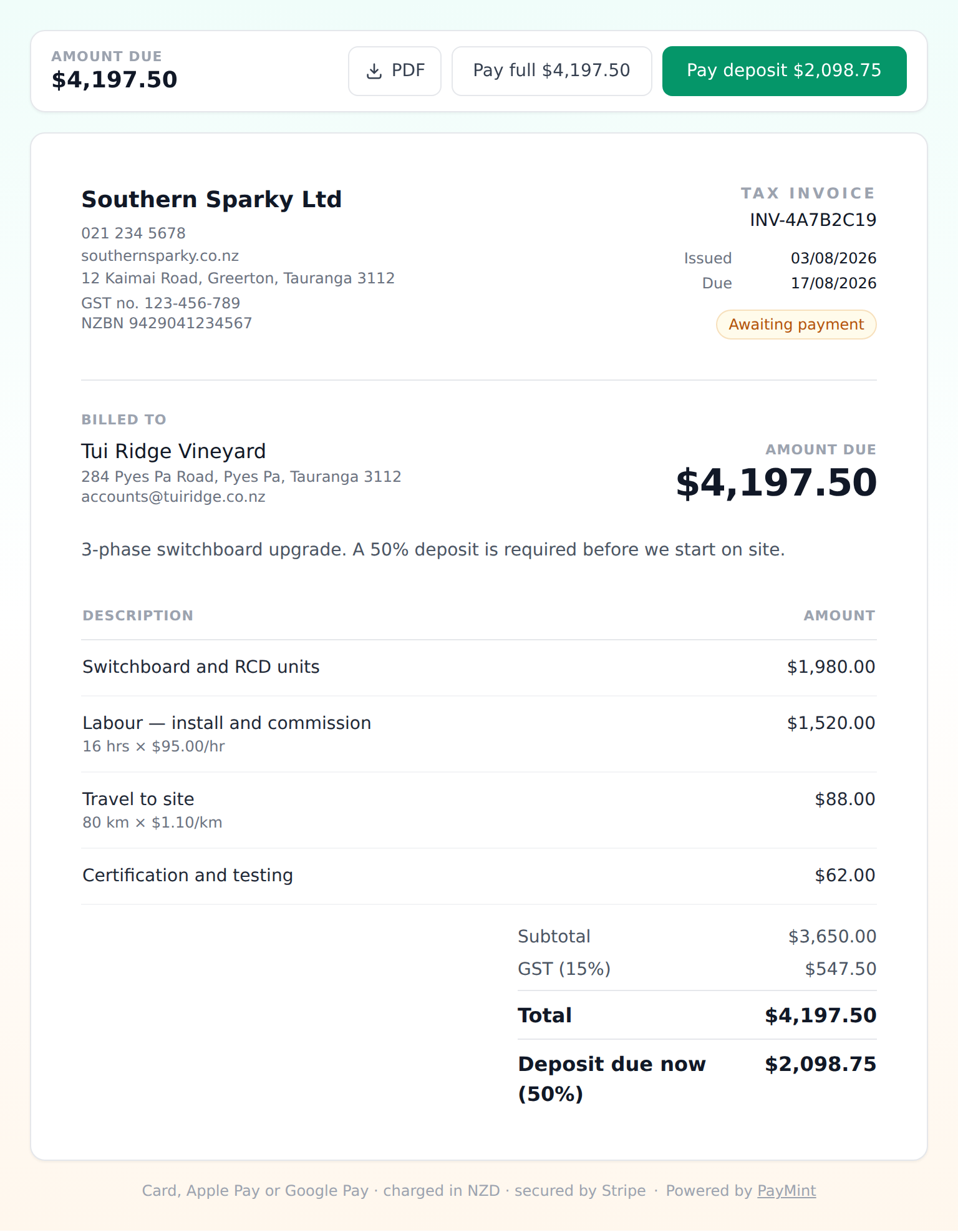 The invoice page a customer opens: your business details and GST number, itemised work, GST at 15%, and buttons to pay the full amount or a deposit